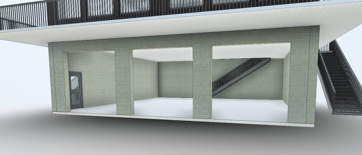 A digital rendering of a modern building exterior showing an open ground floor with large open spaces, brick walls, a door, and an outdoor staircase leading up to the second floor.