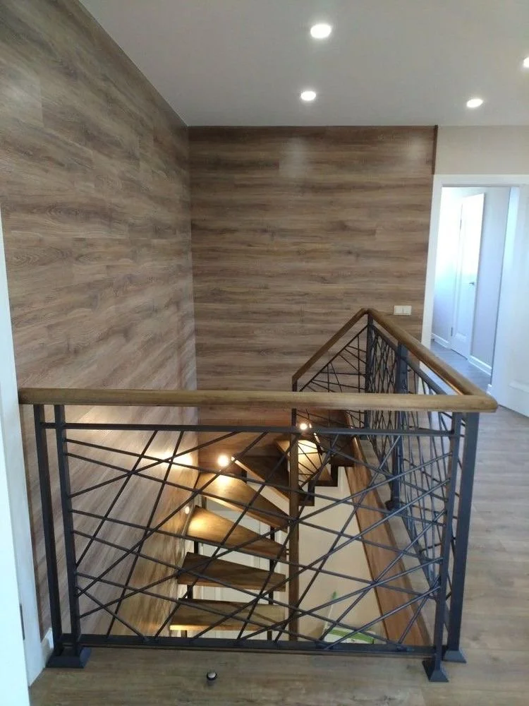 #25 Wooden Handrail with flat bar and round bar artistic string paneling