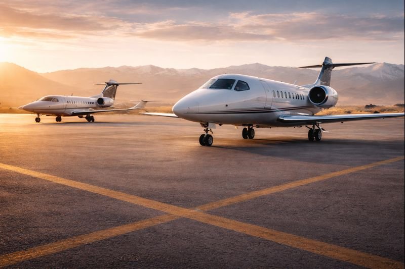 Two modern private jets parked on an airport runway at sunset with mountains in the background.