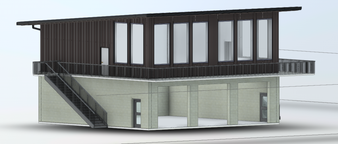 Modern two-story house with a flat roof, large windows, and an exterior staircase.