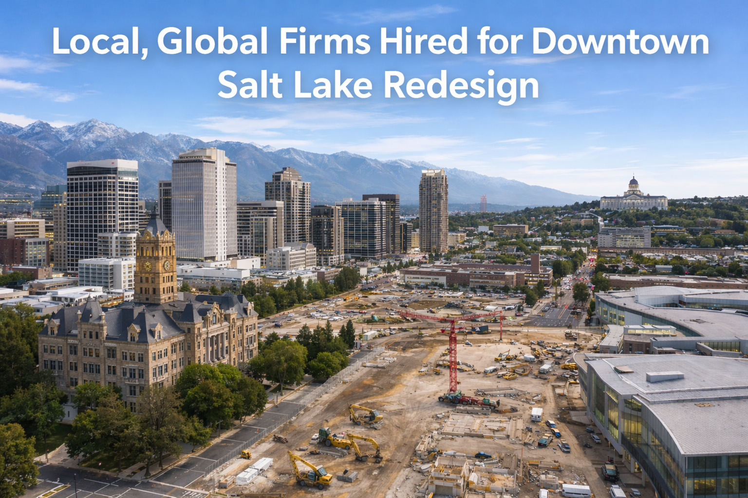Aerial view of downtown Salt Lake City showing active construction sites and redevelopment near the City & County Building with the Wasatch Mountains in the background.