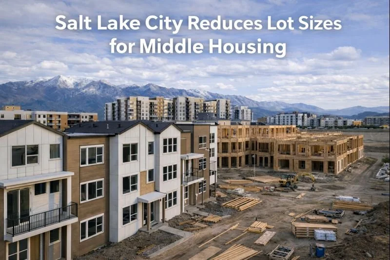 Multi-family housing under construction in Salt Lake City with townhomes and apartment buildings near the Wasatch Mountains.