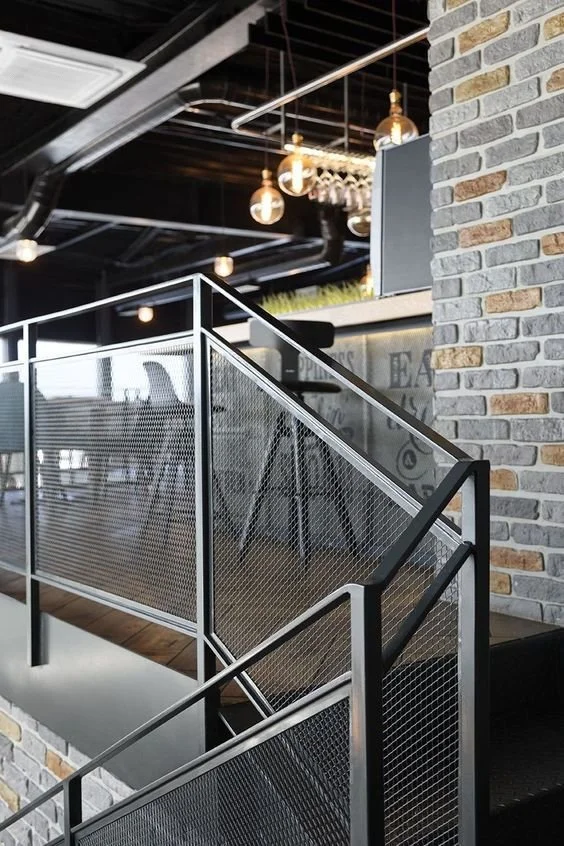 #8 Rectangle tubing handrail with square tube posts and wire mesh panels