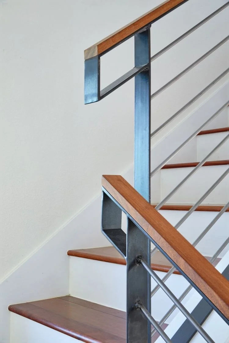 #6 Wooden hand rail with flat bar posts and round bar panels 