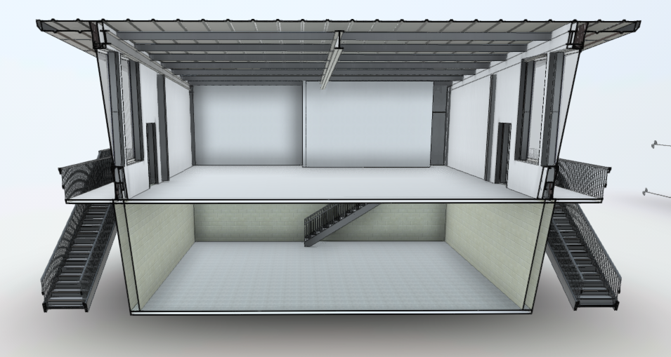 A 3D model of a two-story building with stairs on both sides, showing an open upper floor with walls and a roof, and a lower level with plain walls and a staircase in the middle.