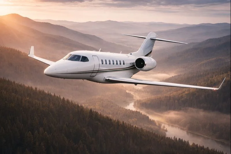 A modern private jet flying over forested mountain terrain at sunset.