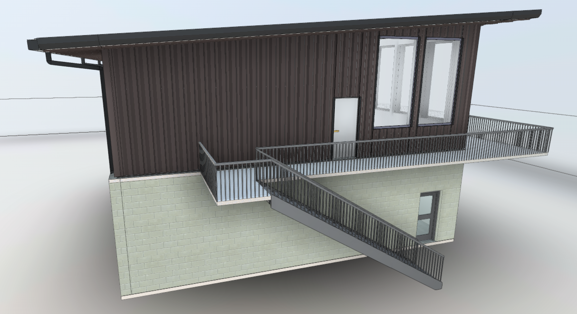 3D model of a modern two-story house with a dark wooden upper level, large windows, and a light-colored brick lower level. It features a balcony and outdoor stairs.