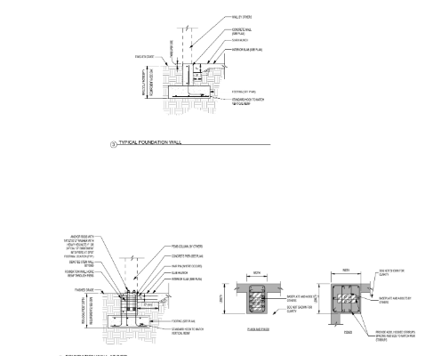 Technical architectural diagrams of a construction or engineering project, showing detailed cross-sections and specifications.