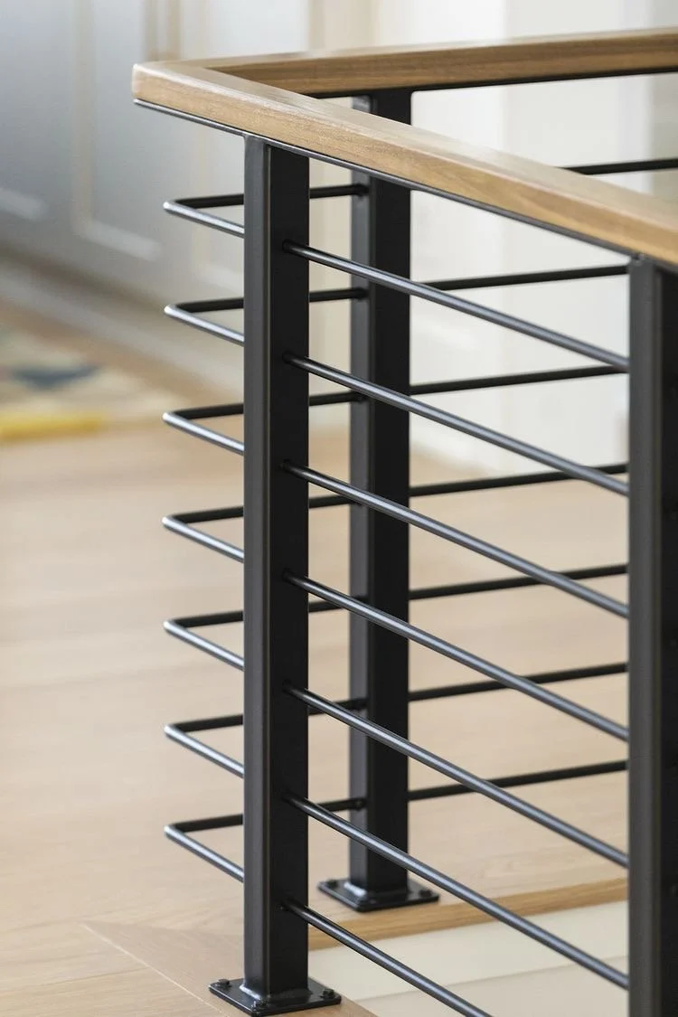 #10 Wooden handrail with square tube posts and round bar panels