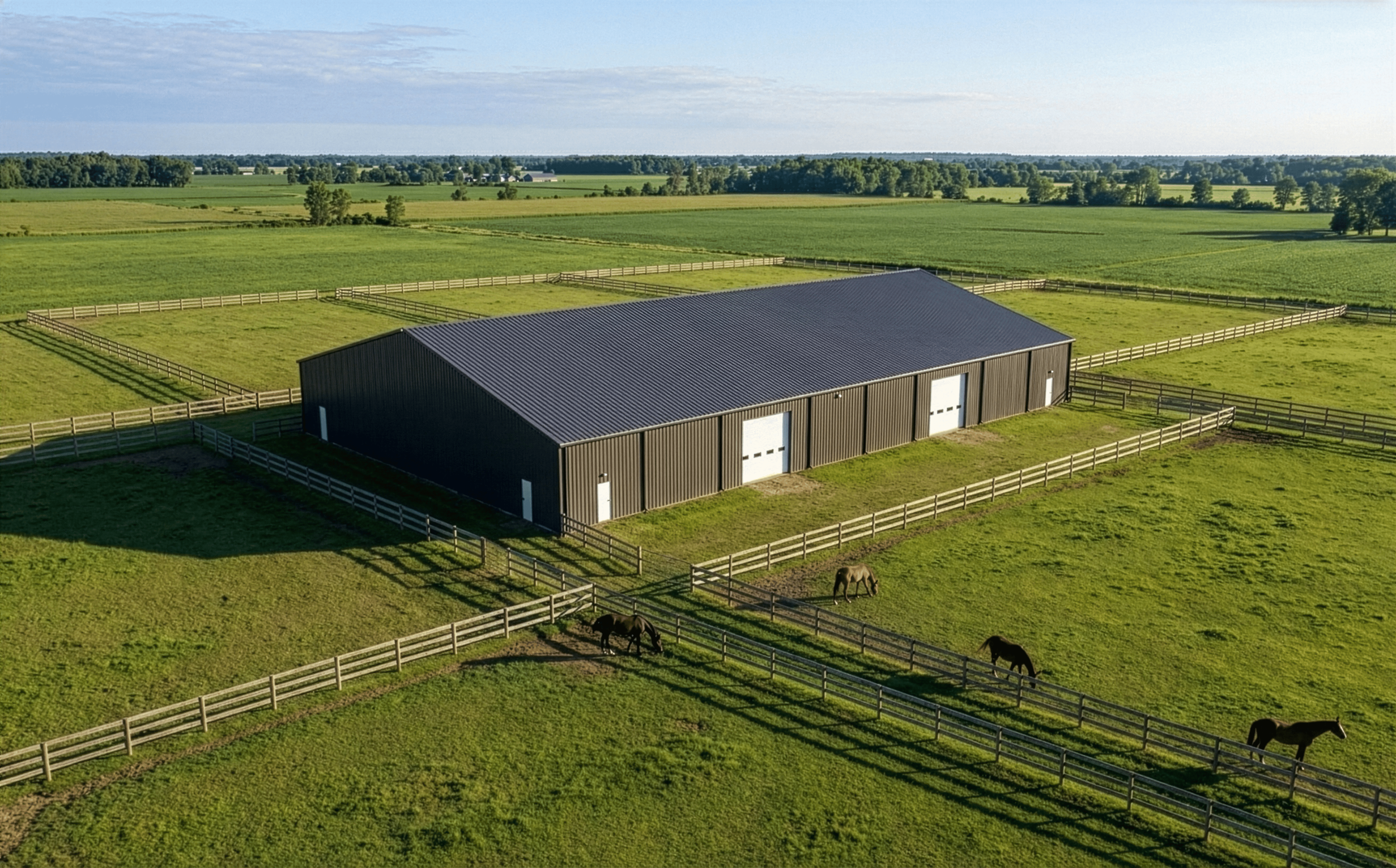 Indoor equestrian arena with dirt floor and metal roof