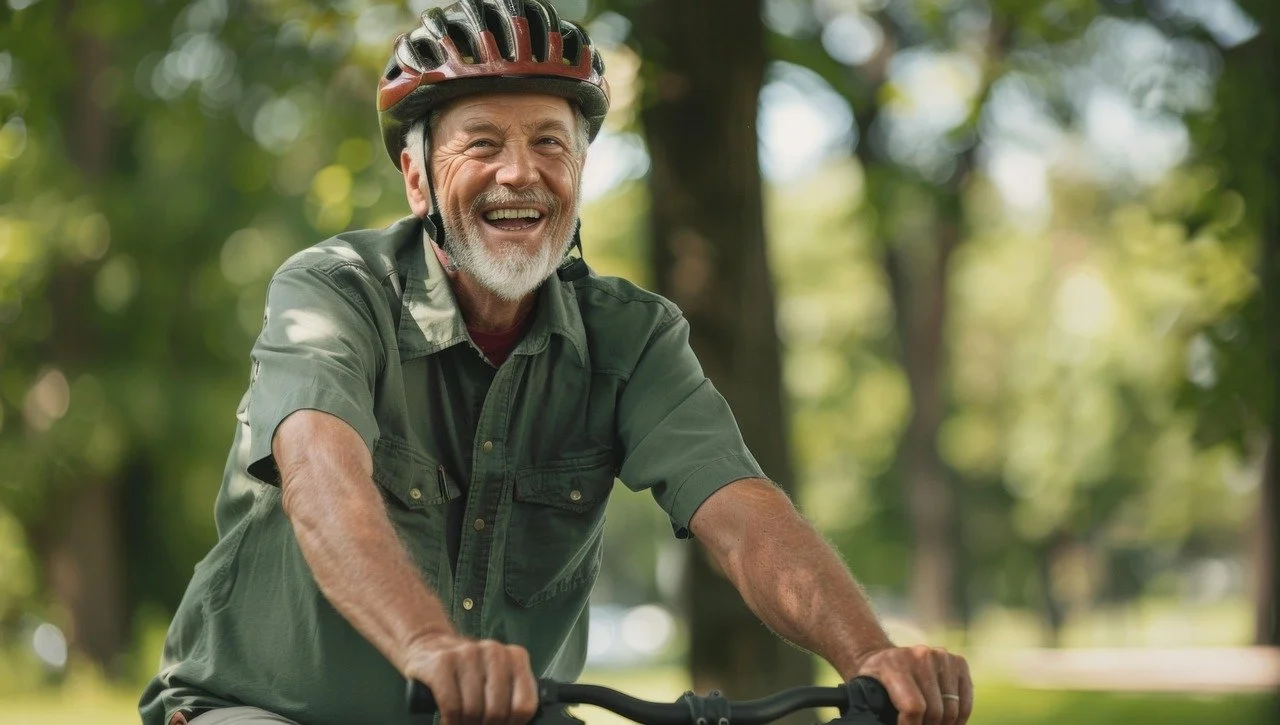 Image of senior man smiling riding a bike