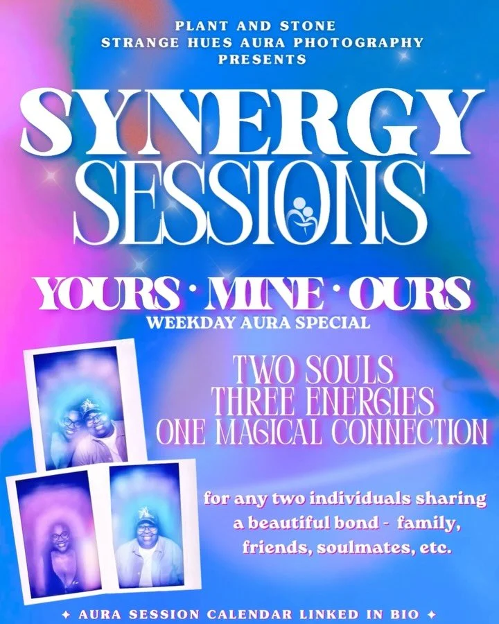 ✨ Two souls. Three energies. One magical connection. ✨

Introducing our new weekday special: Synergy Sessions by Strange Hues Aura Photography💫

This aura photography experience includes:
🔮 2 solo aura portraits
🔮 1 duo aura portrait
🔮 Your choic