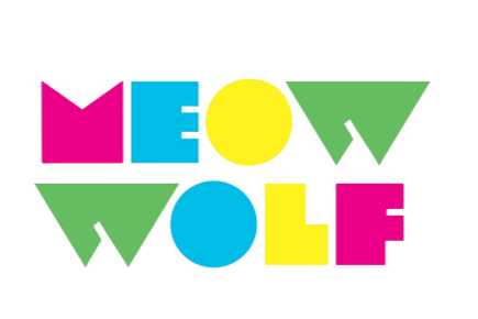 Colorful geometric text spelling 'MEOW' with a green heart and star shapes.