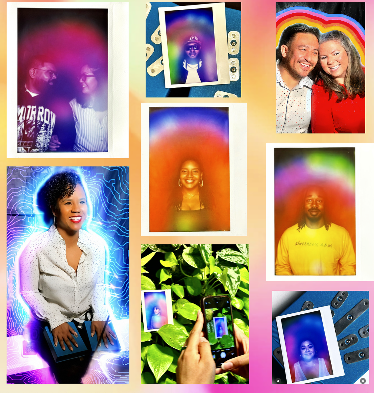 A collage of vibrant photos featuring people and digital photo effects, including portraits with rainbow and glow overlays, a person taking similar photos with a phone, and colorful backgrounds with abstract graphics.