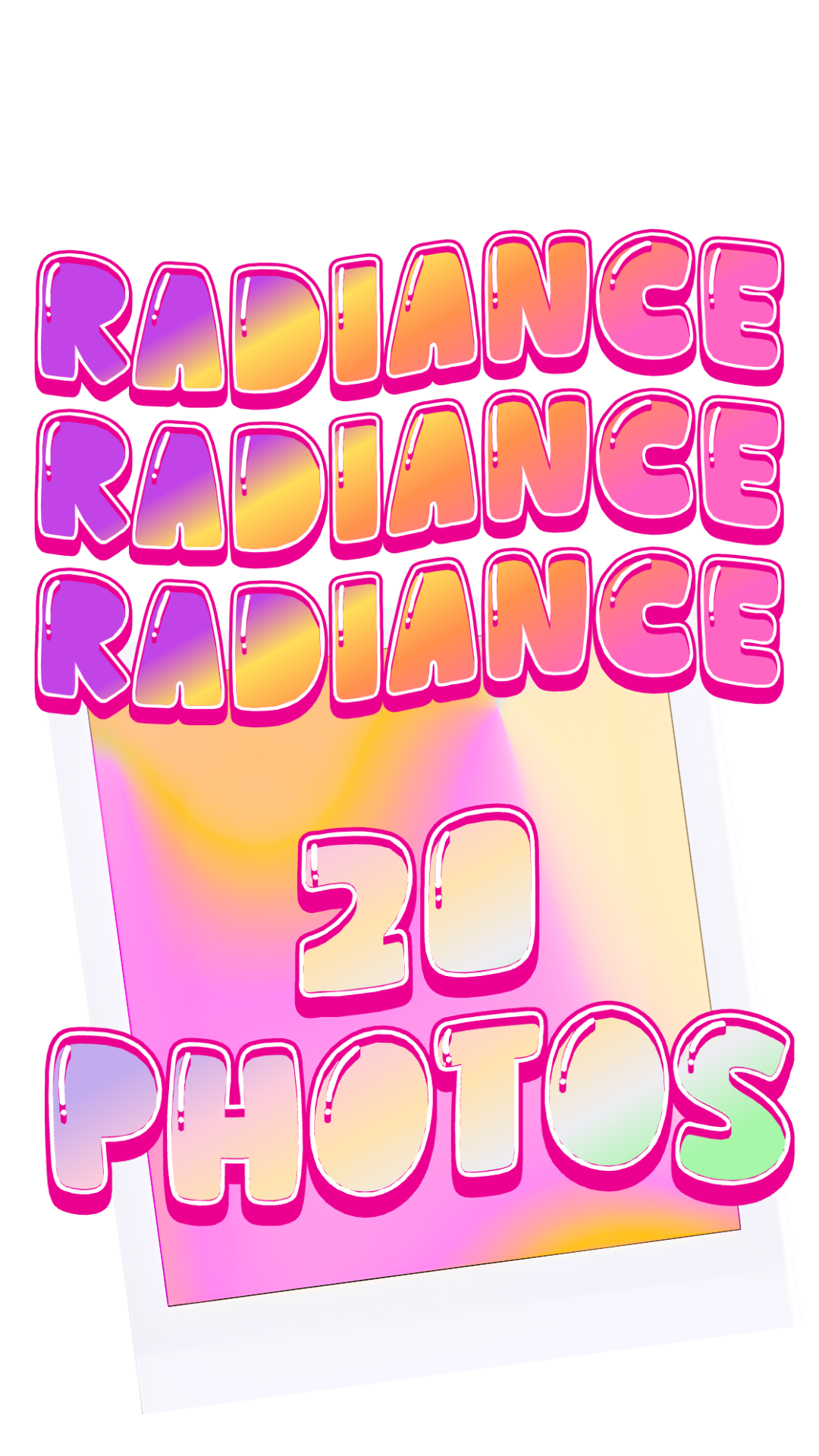 Colorful sign promoting 'Radiance' with '20 photos' text, featuring bright pink, purple, yellow, and green hues and neon-style lettering.
