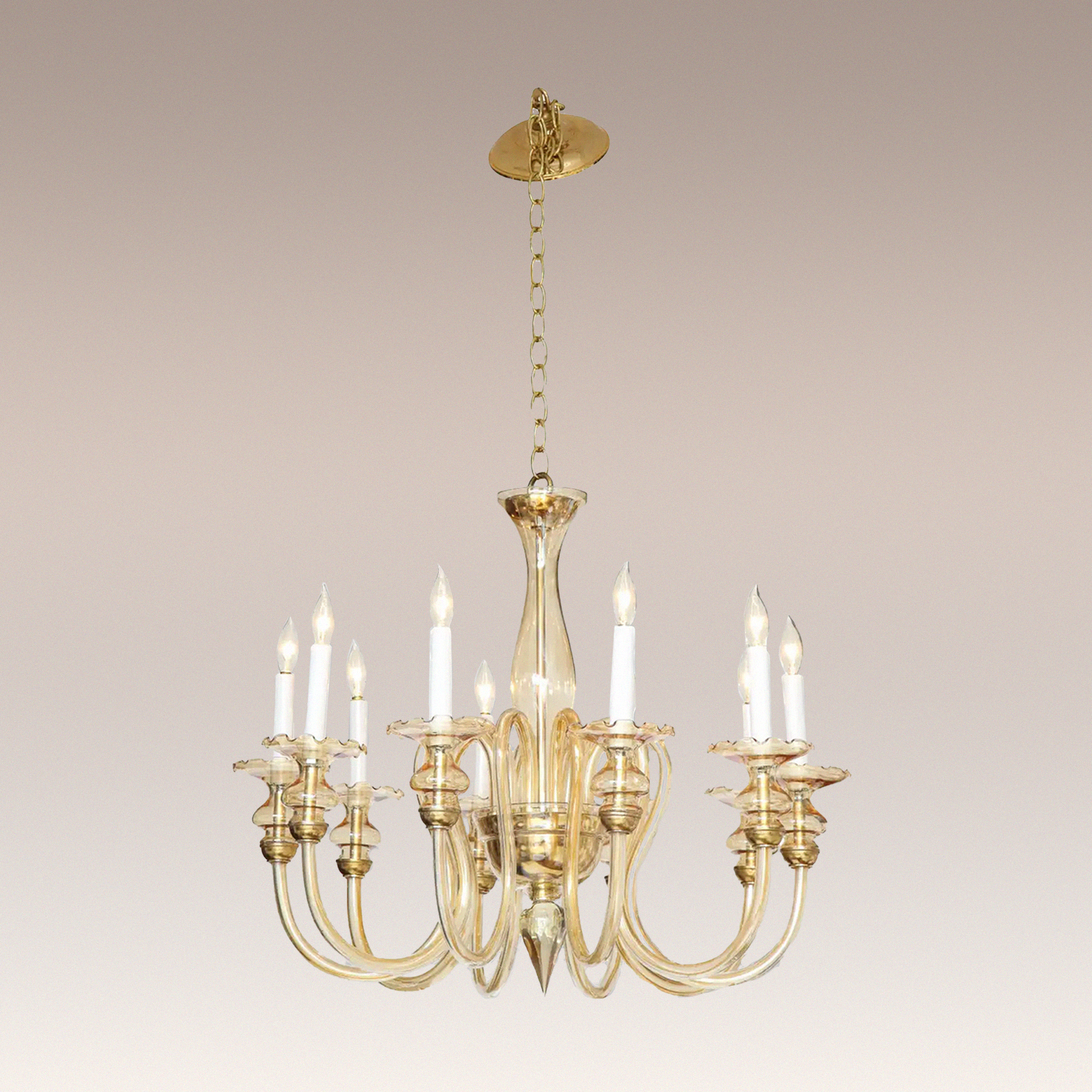 Italian Murano Glass and Brass 1950's Ten Arm Chandelier