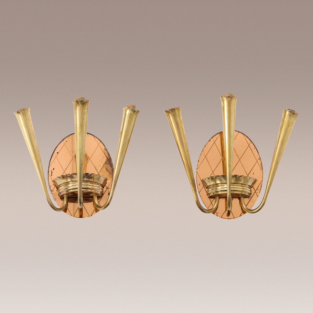 Pair of Italian Rose Gold Glass and Brass Wall Sconces, circa 1930's