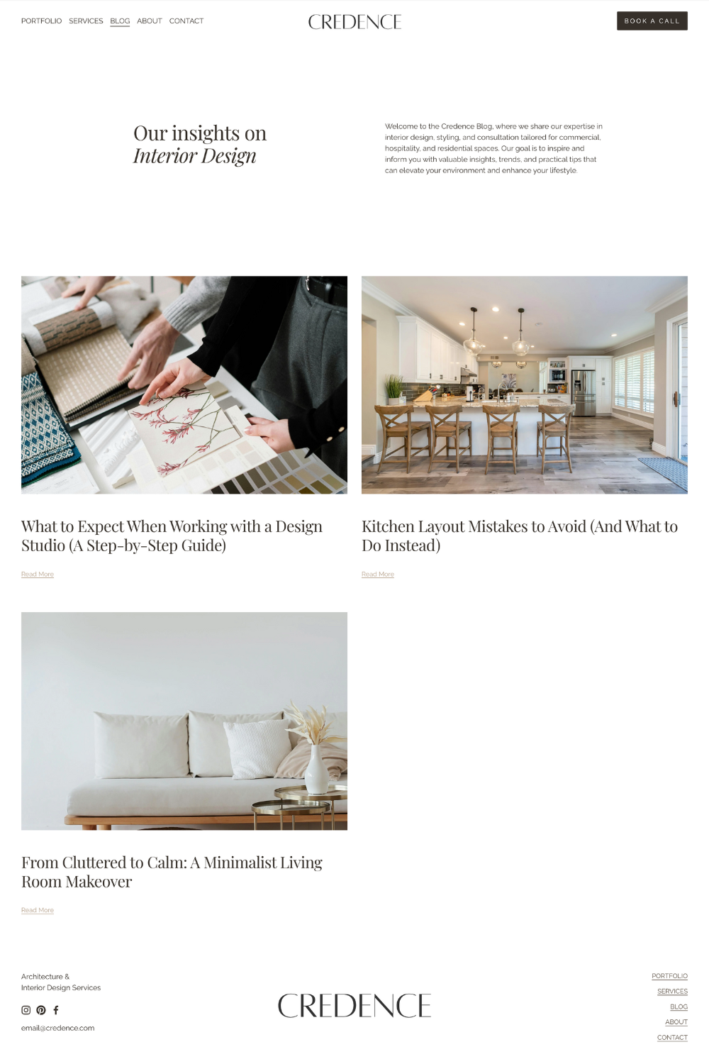 Webpage of Credence interior design blog featuring articles on interior design insights, kitchen layout mistakes, and minimalist living room makeover with images of interior spaces and design materials.