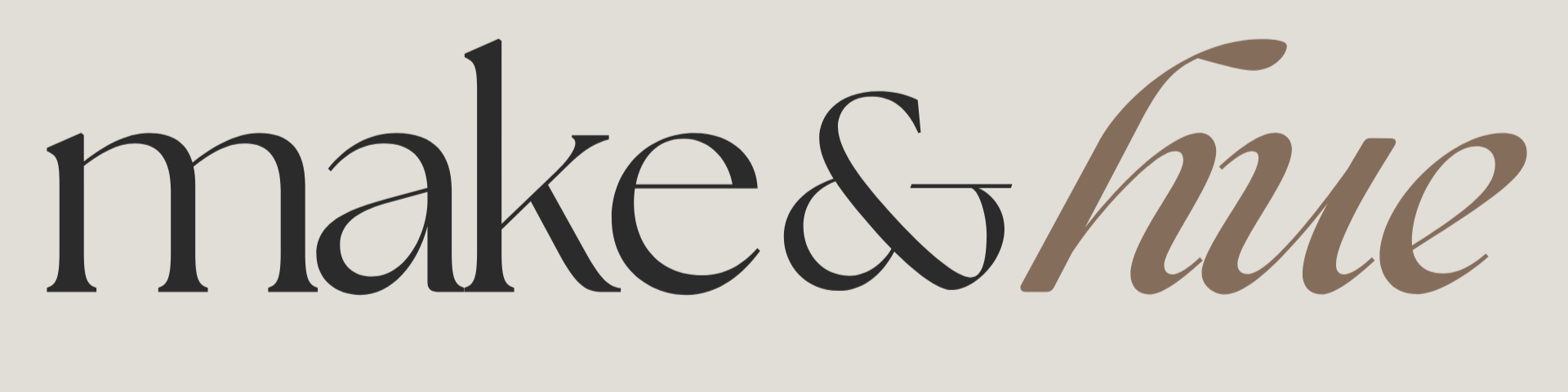 Text that reads 'make & hue' with 'make' in black serif font and '& hue' in brown script font on a light background.