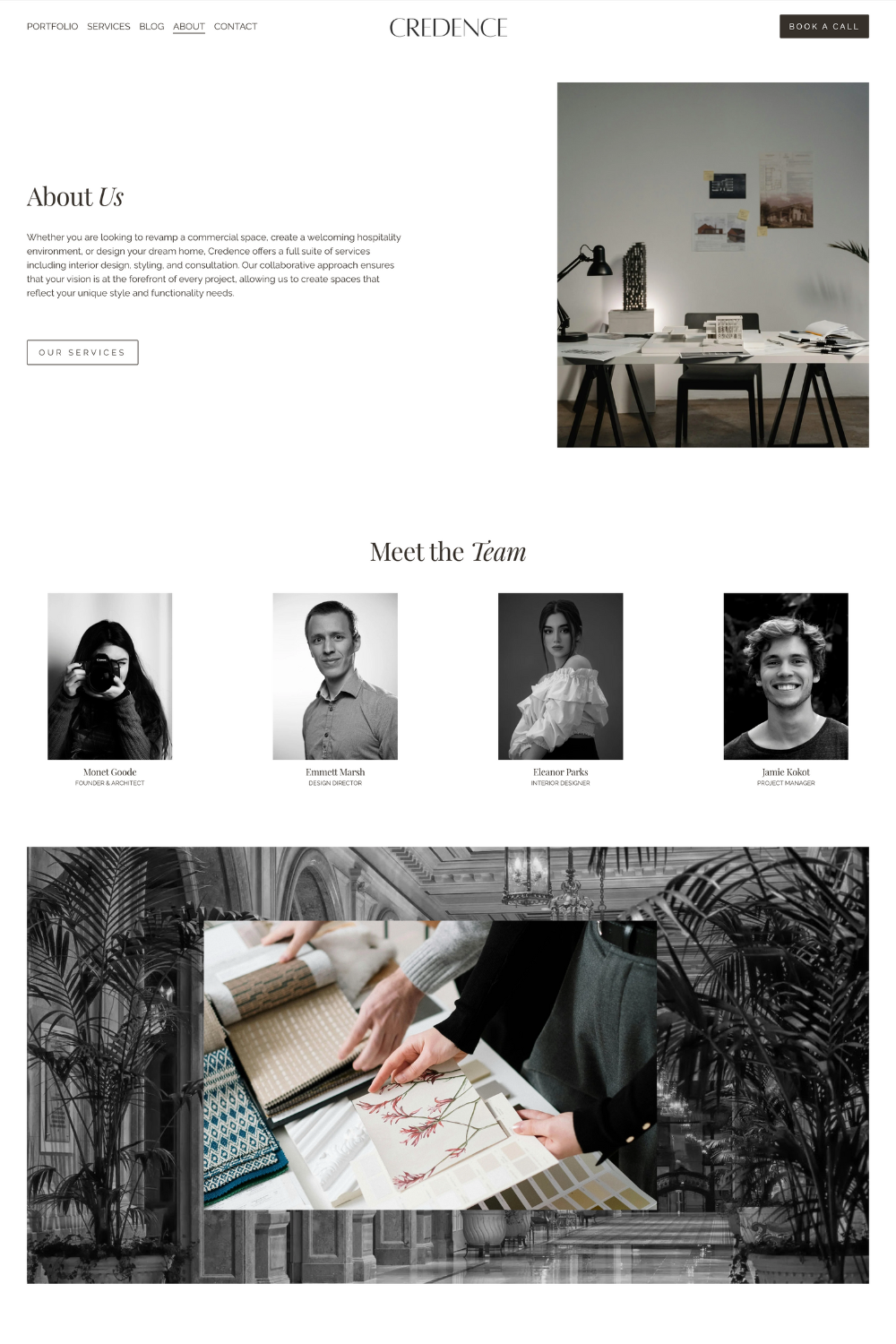 A webpage featuring an interior design company's 'About Us' section, team photos including founder and staff, and images of interior decor and fabric samples.