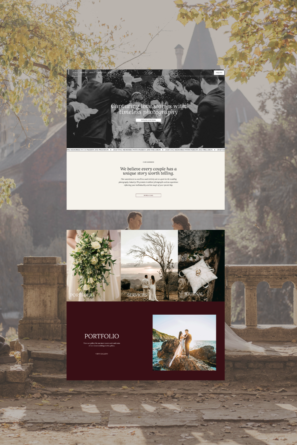 A wedding photography website homepage displayed over a background of autumn trees and a stone staircase with a balustrade.