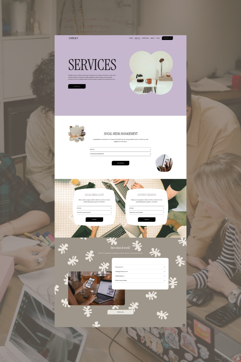 A website for a marketing agency with sections for services like social media management, social media audit, content creation, and an explanation of the process, on a purple and white background with images of office supplies and people working on l