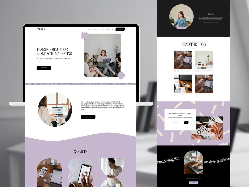 Screenshots of a modern website design for a marketing business, featuring sections for services, blog posts, and contact information, with images of people using devices.