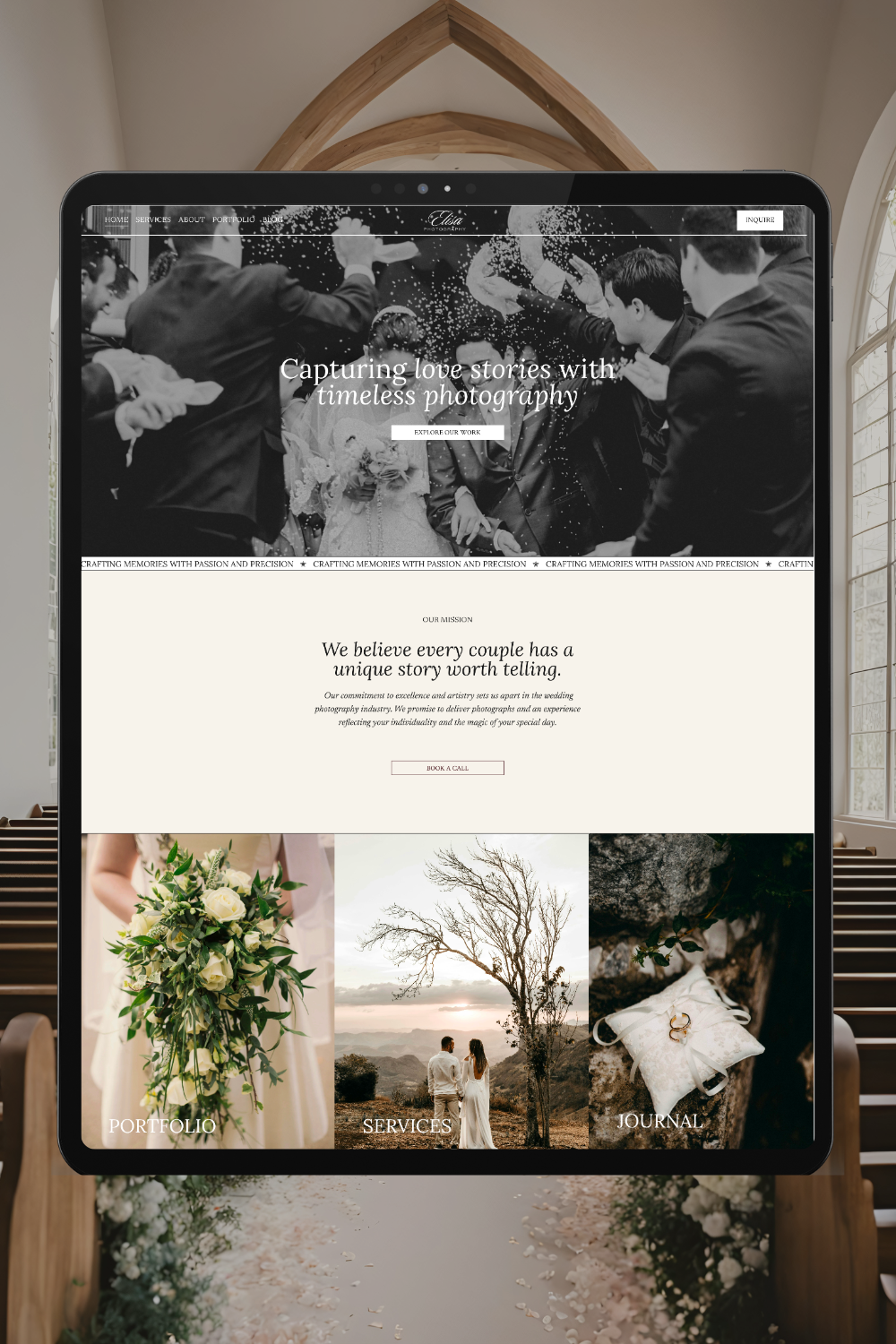 A tablet screen displaying a wedding photography website with a black and white header image of a wedding celebration, and below that, a section with a quote about capturing love stories, along with three images: a bridal bouquet, a couple holding hands outdoors, and wedding rings in a jewelry pouch.