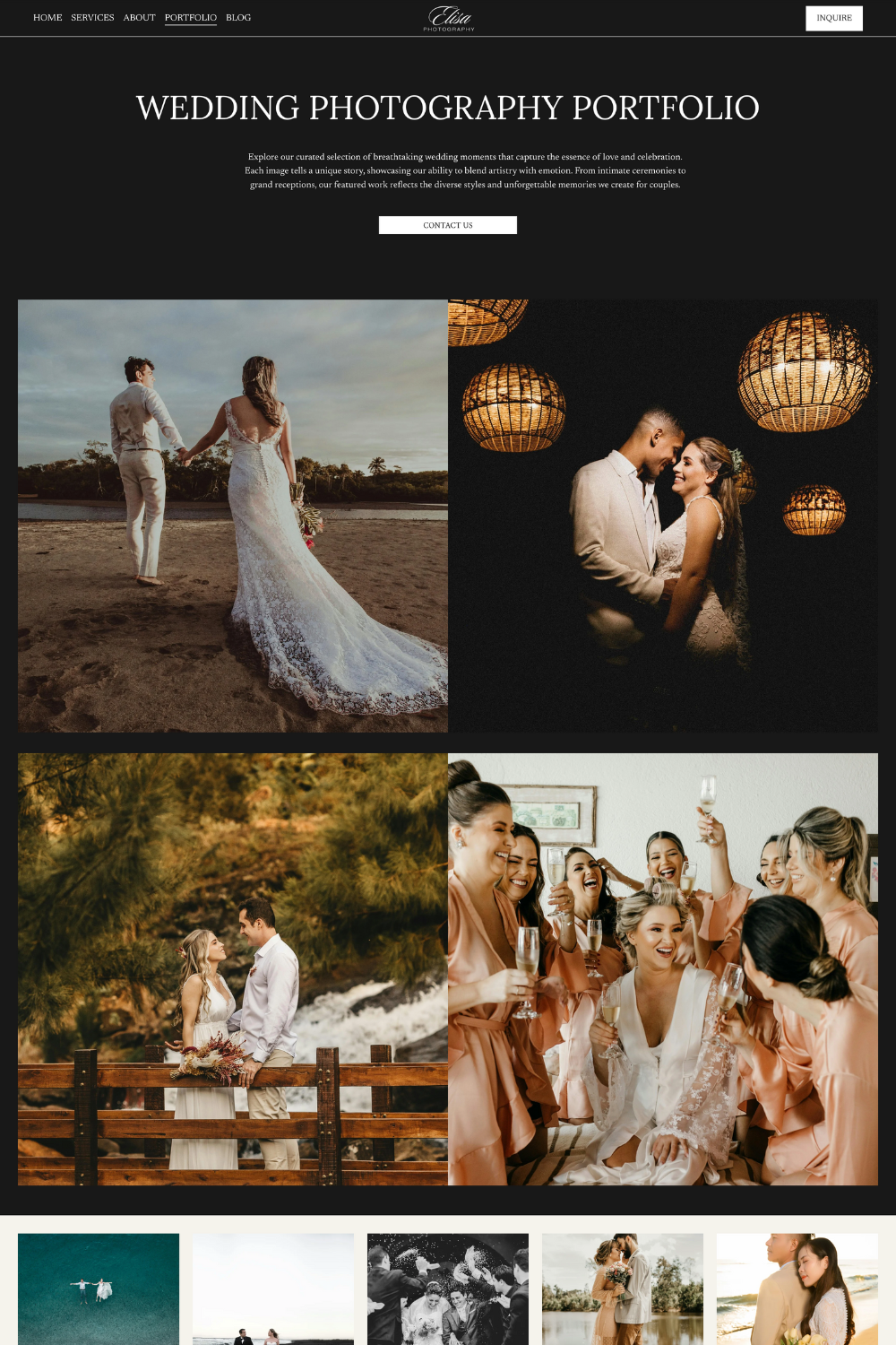 Website screenshot with sections on services, social media management, content creation, how it works, FAQs, and footer links. The design features a purple background, images of laptops and people working on laptops, and decorative patterns.