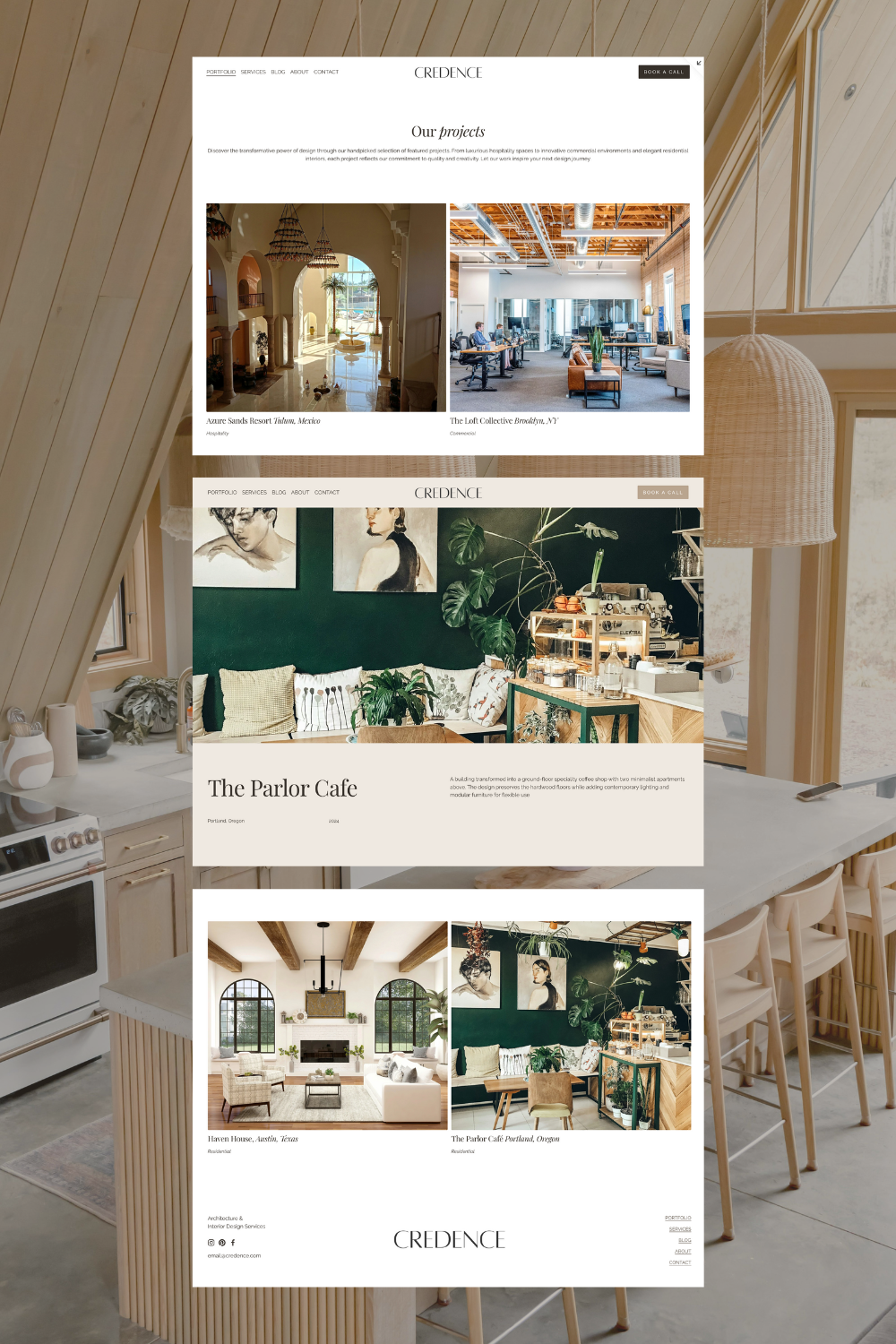 Screenshots of an interior design website showcasing projects like Azure Sands Resort in Tulum, Mexico, The Loft Collective in Brooklyn, NY, The Parlor Cafe in Portland, Oregon, and Haven House in Austin, Texas.