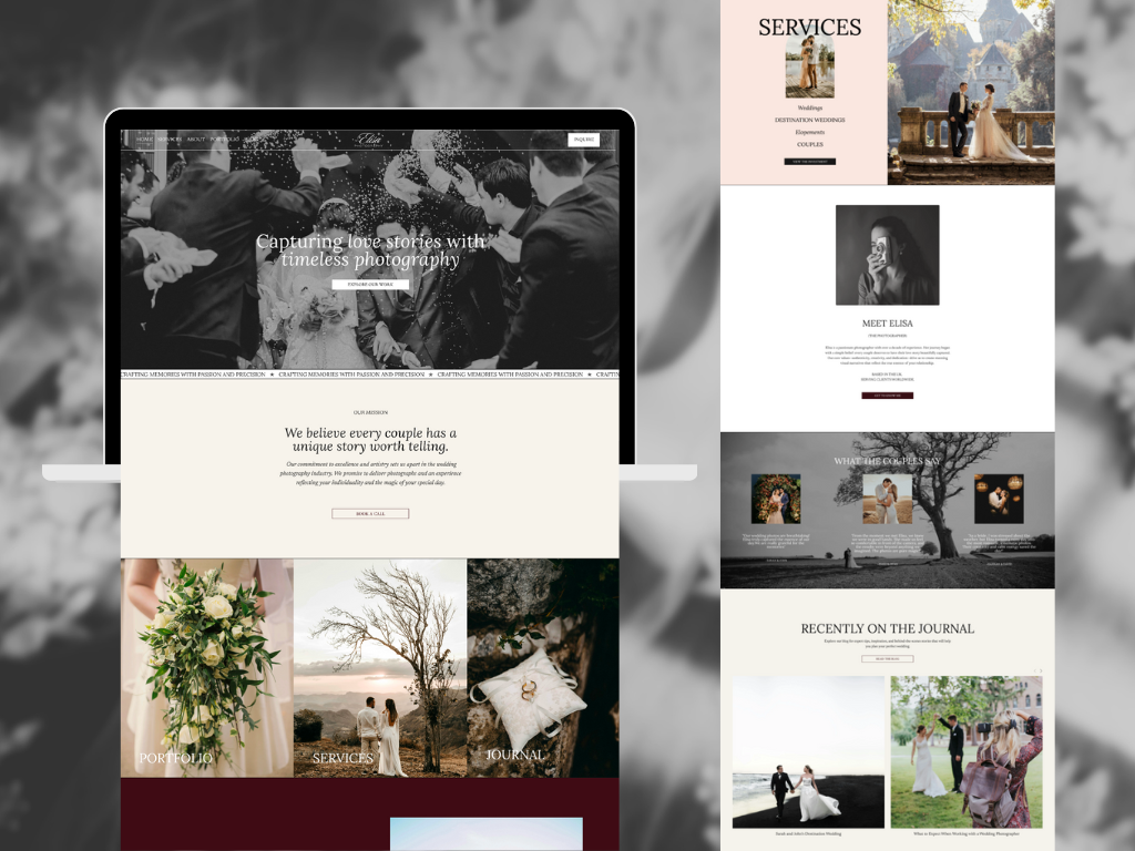 Website homepage of a wedding photography service, featuring black and white images of a wedding celebration, a bouquet, a couple at sunset, and navigation links for services, portfolio, and journal.