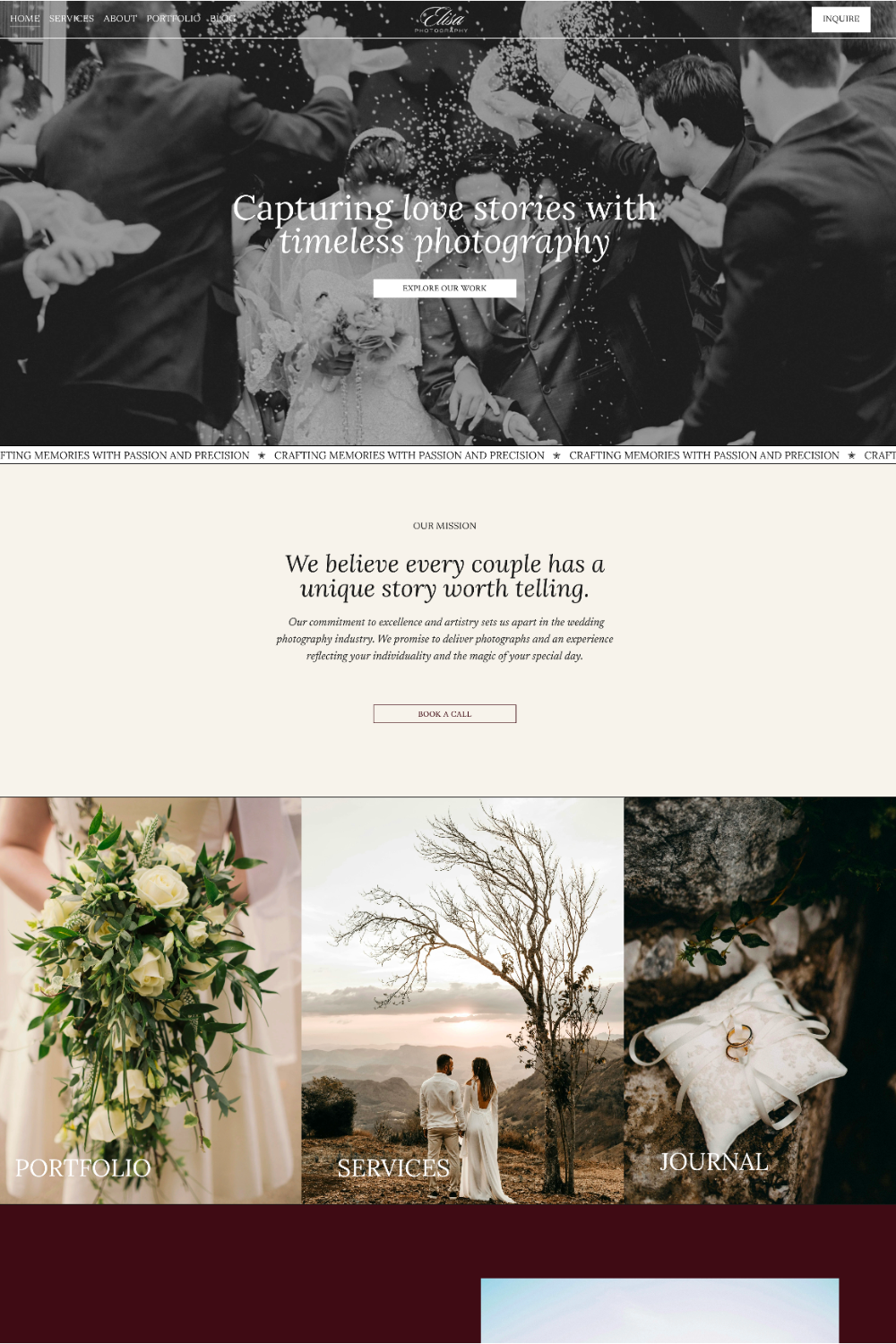 A website homepage design for a branding and marketing company. It features sections with images of women working on laptops and tablets, a portfolio section with images of food, jewelry, and people, and blog and contact sections. The color scheme includes shades of purple, beige, and black.