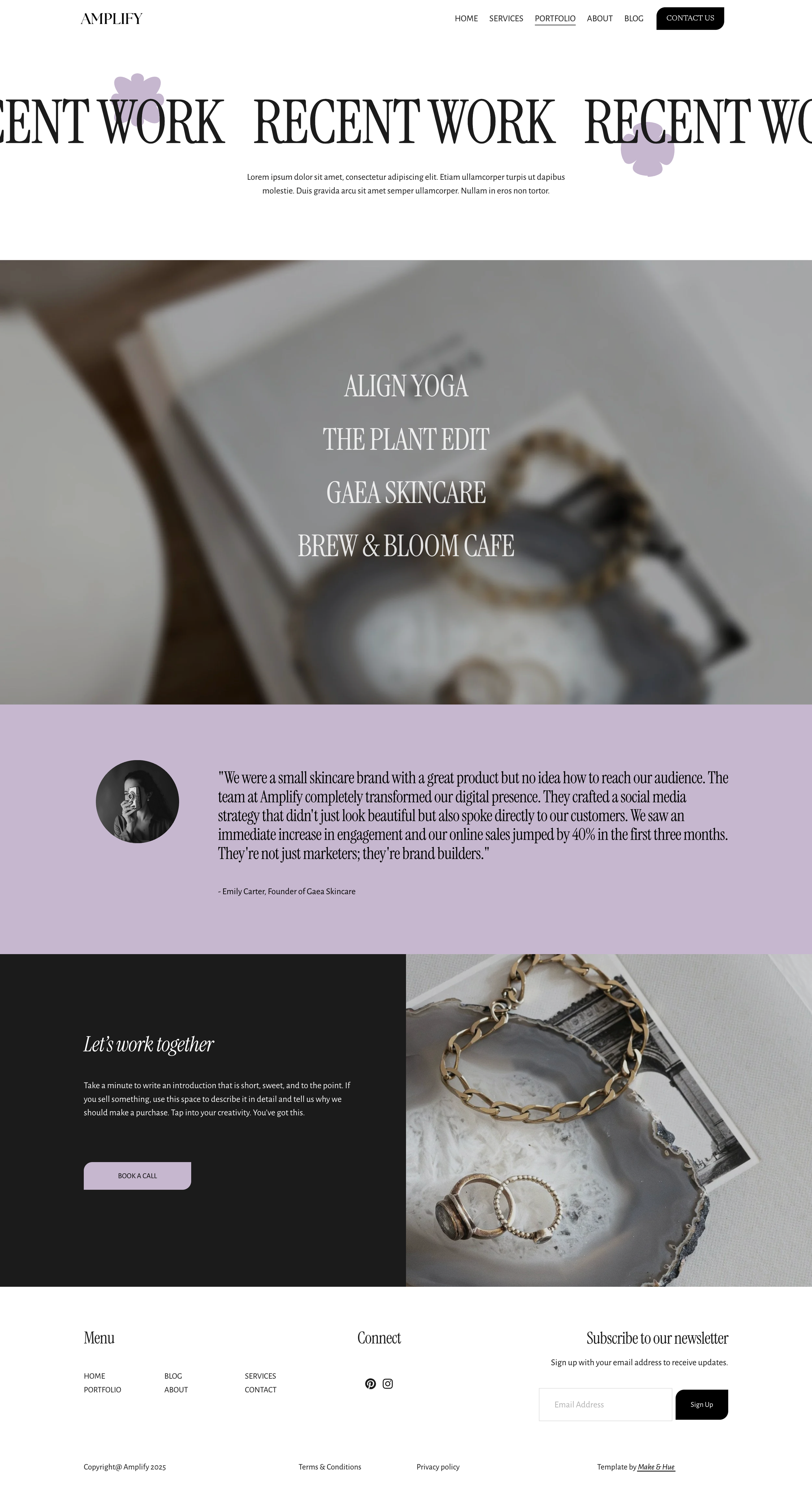 A website homepage for Amplify featuring recent work, a quote about branding, a call to action to book a call, and images of jewelry on a textured surface.