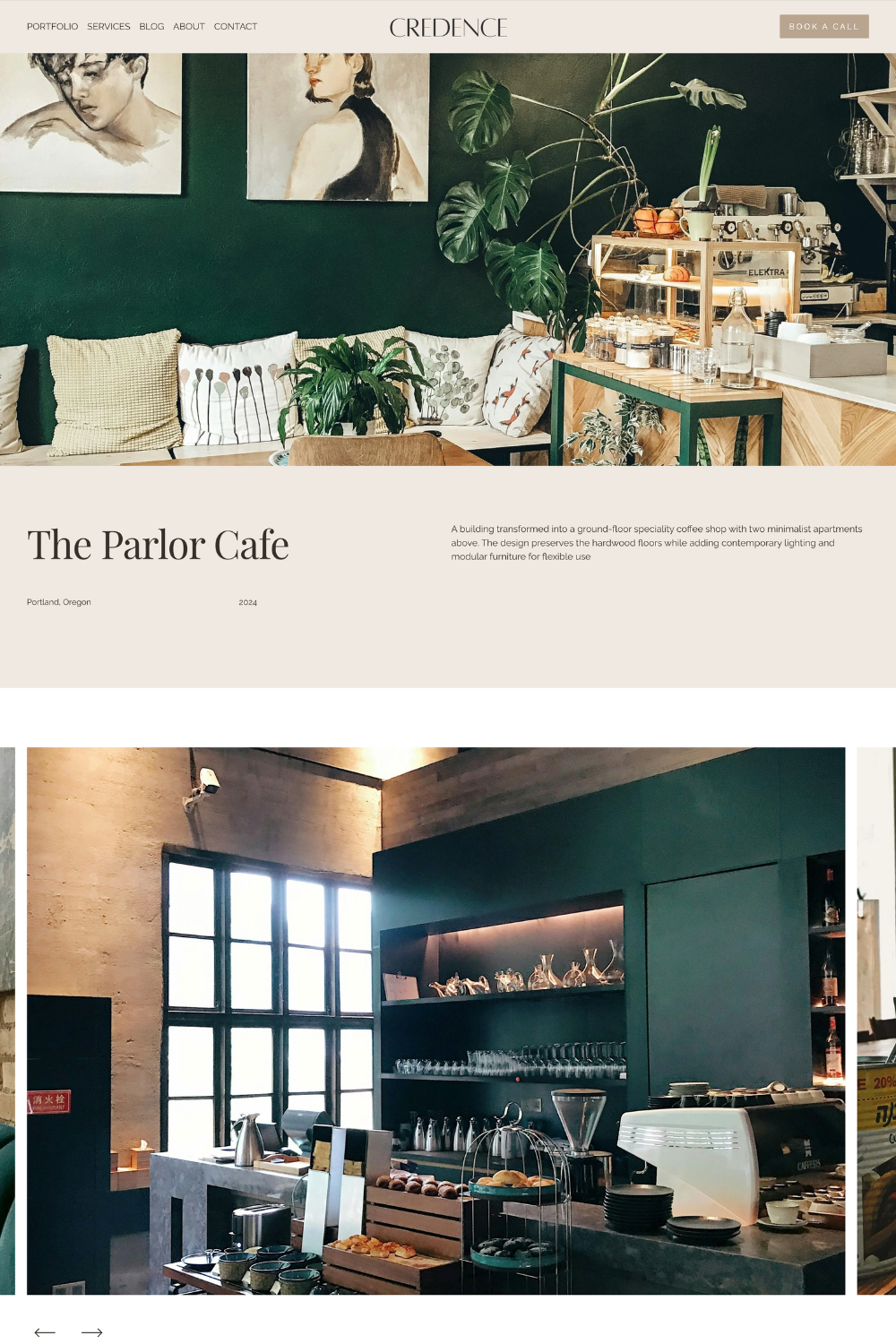 Interior of The Parlor Cafe with seating area featuring pillows, plants, and artwork on the wall; second image shows a coffee counter with baked goods, cups, and glassware in a modern cafe setting.