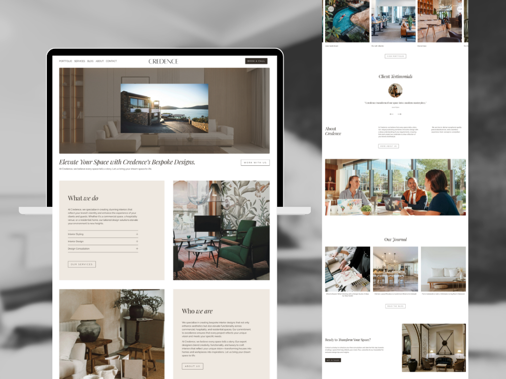 A website displayed on a laptop screen showcasing interior design services, with additional images of modern interiors and a team meeting, set against a blurred gray background.