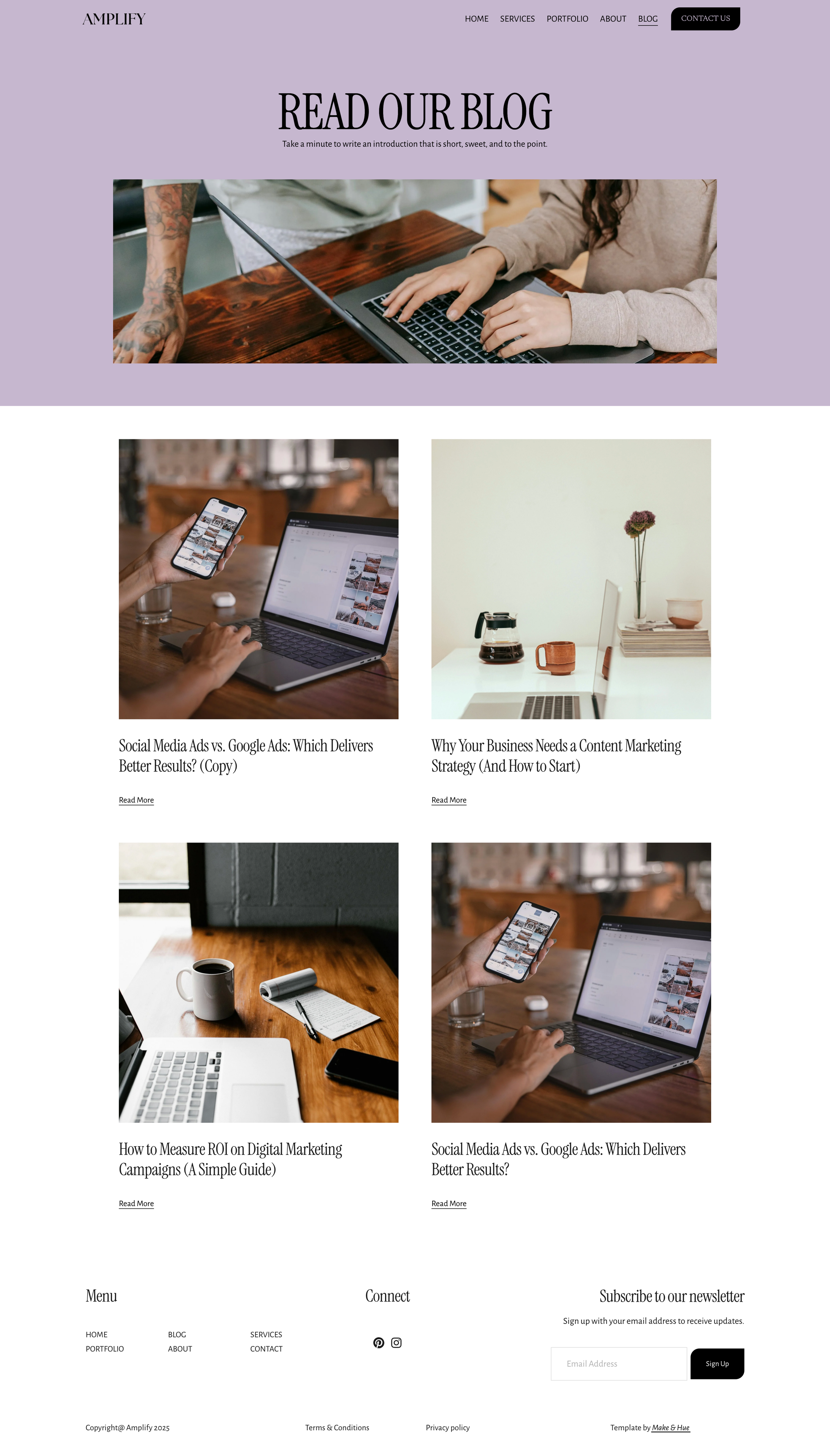 Screenshot of a blog webpage with a purple background and black navigation bar. The page title is 'READ OUR BLOG' with a subtitle. The main image shows a person typing on a laptop, and there's a section with four blog post previews, each with an image, title, and 'Read More' link. The footer contains menu links, social media icons, and a newsletter signup form.