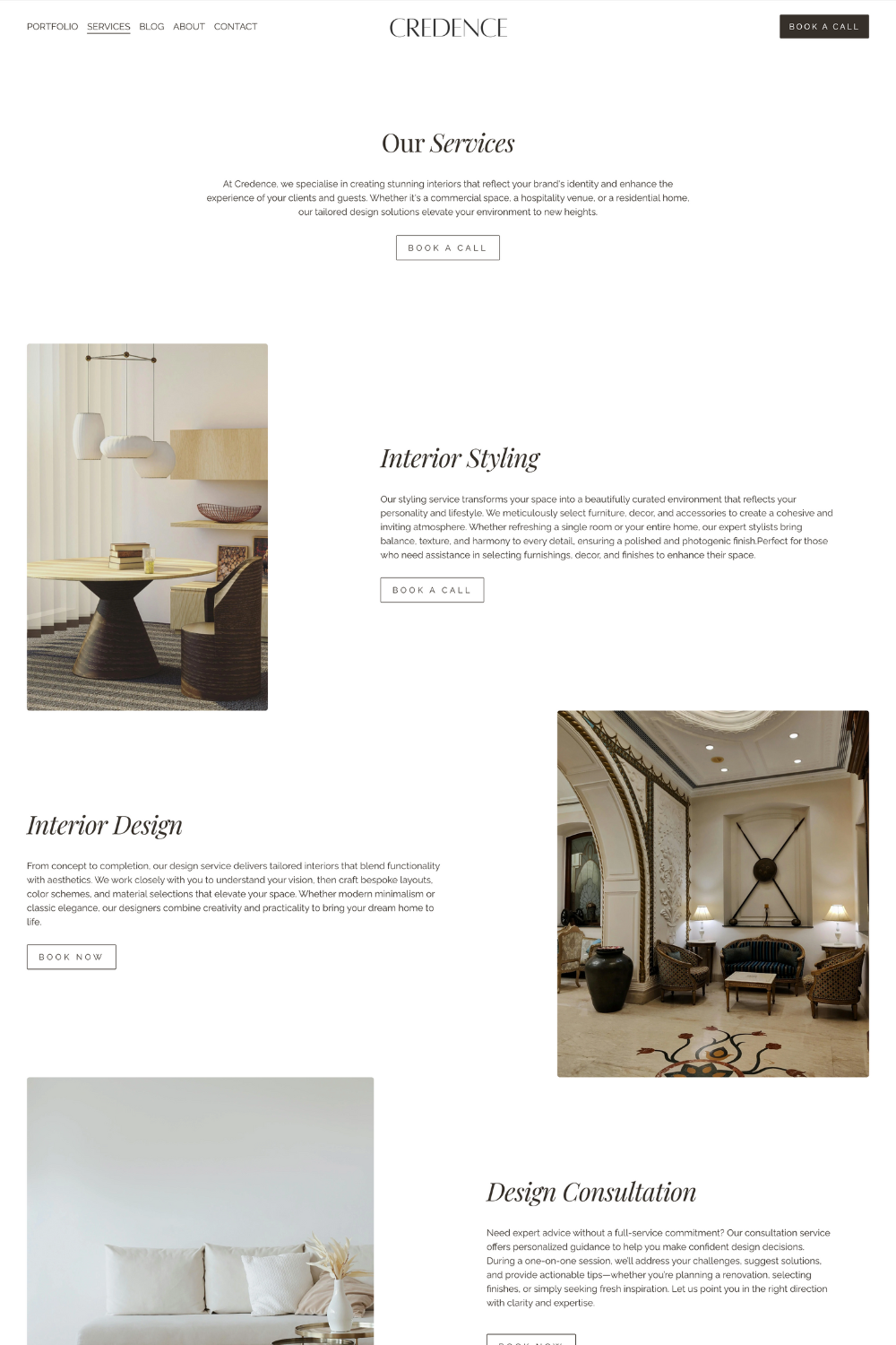 Screenshot of an interior design website homepage with sections on interior styling, interior design, and consultation, displaying images of stylish rooms and elegant decor.