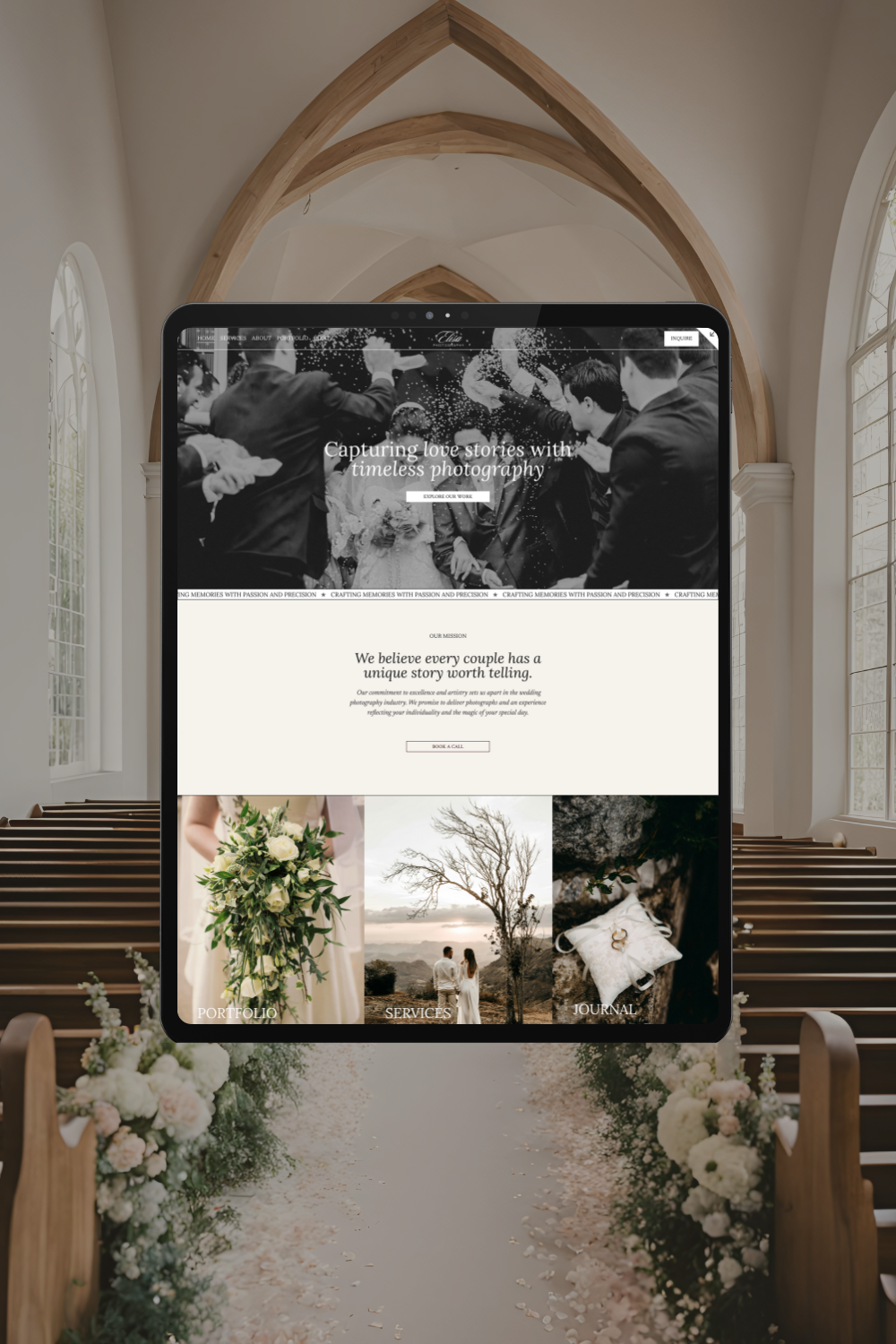 A digital screen displaying a wedding photography website with black-and-white and color images of a wedding, a bouquet, a couple, and wedding rings, set in a space with wooden arch accents.