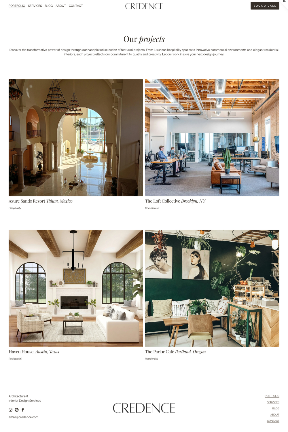 Portfolio webpage showcasing four interior design projects: Azure Sands Resort in Tulum, Mexico; The Loft Collective in Brooklyn, NY; Haven House in Austin, Texas; and The Parlor Café in Portland, Oregon.