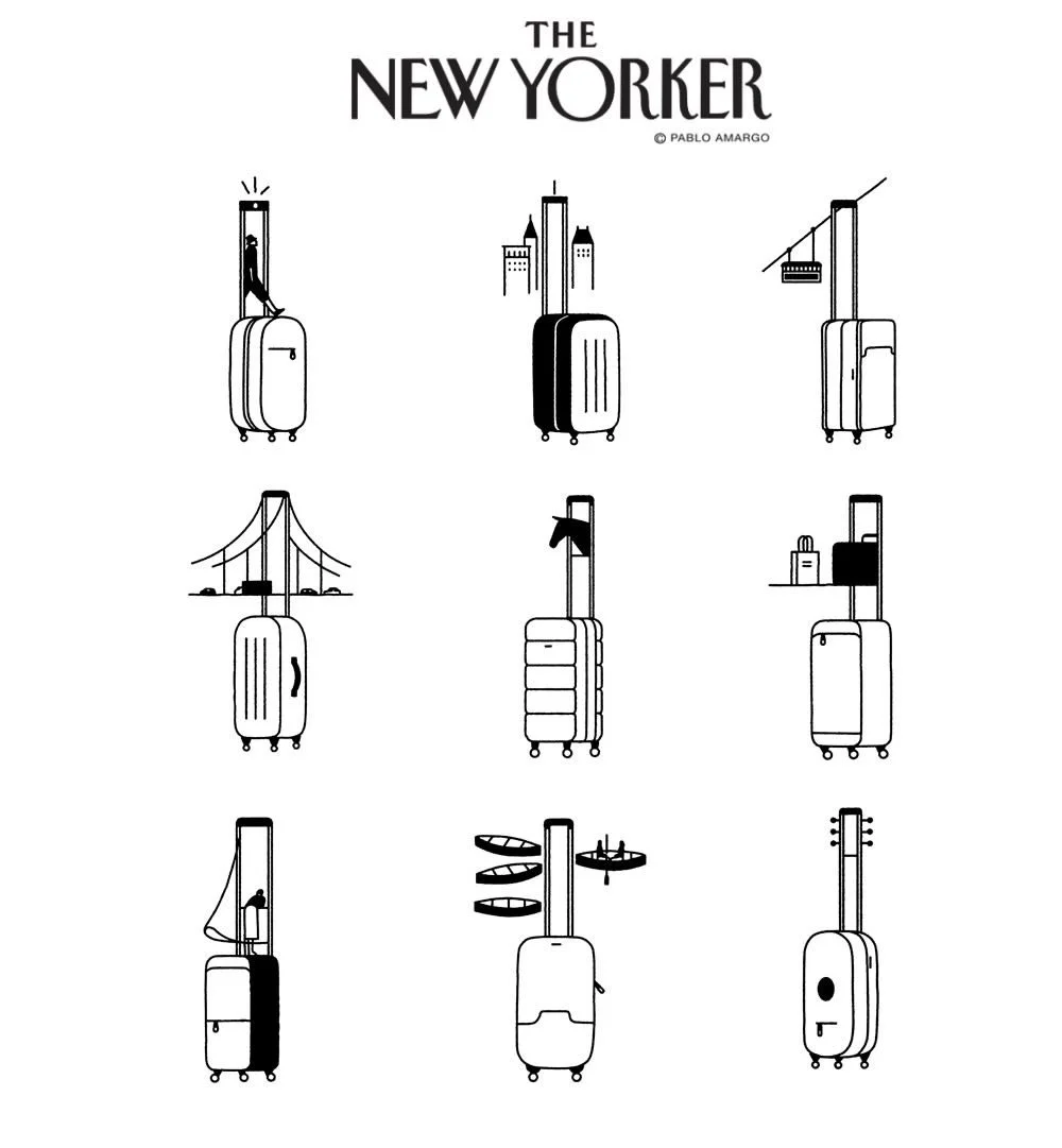 New series created by Pablo Amargo for The New Yorker about suitcases, just as spring starts nudging us out the door.