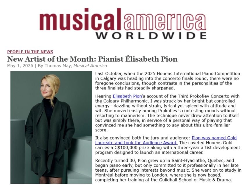 Pianist Élisabeth Pion Named Musical America’s New Artist of the Month