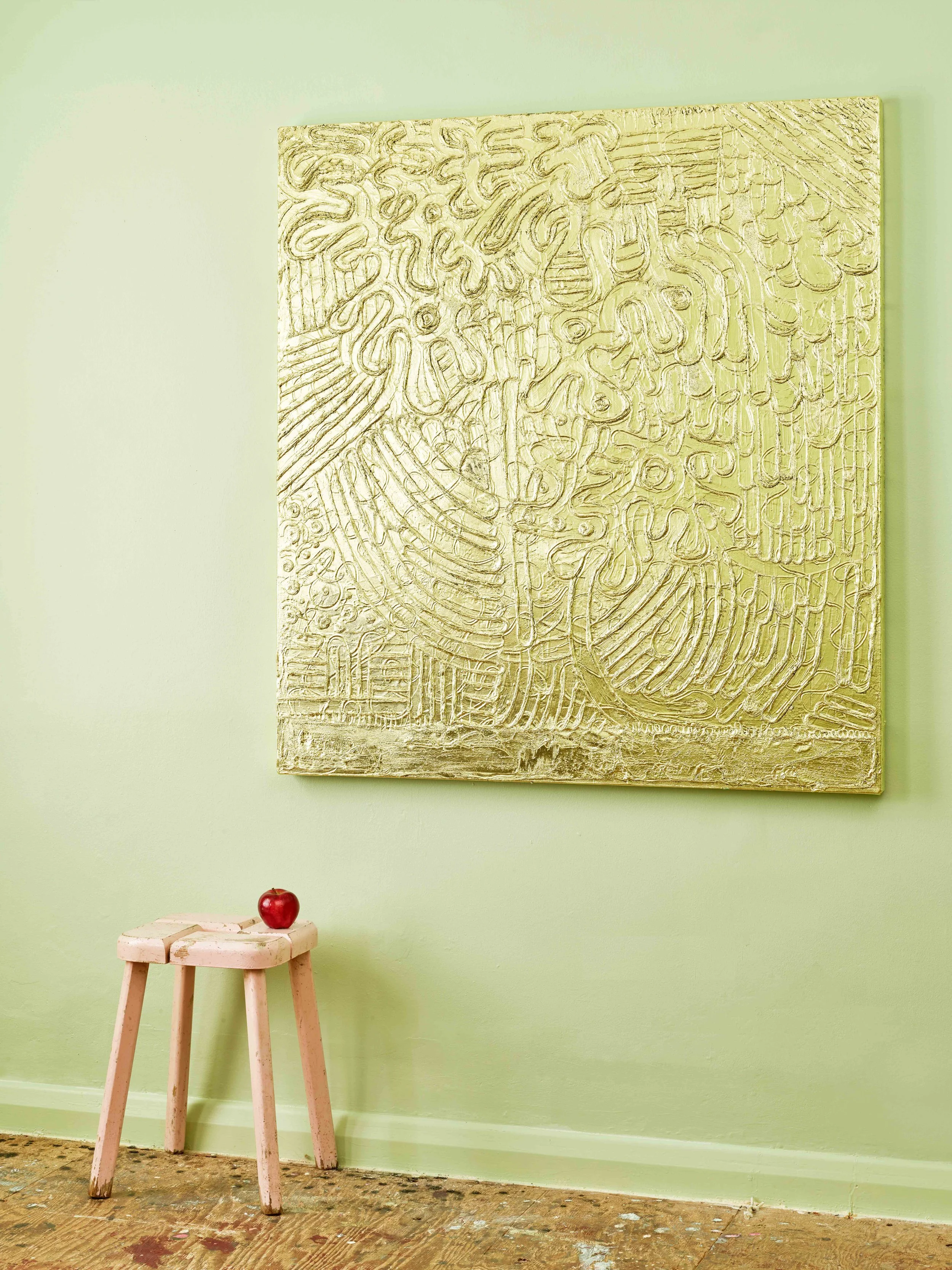 Rain, 2024, green gold on oil on canvas, 110 x 120 cm