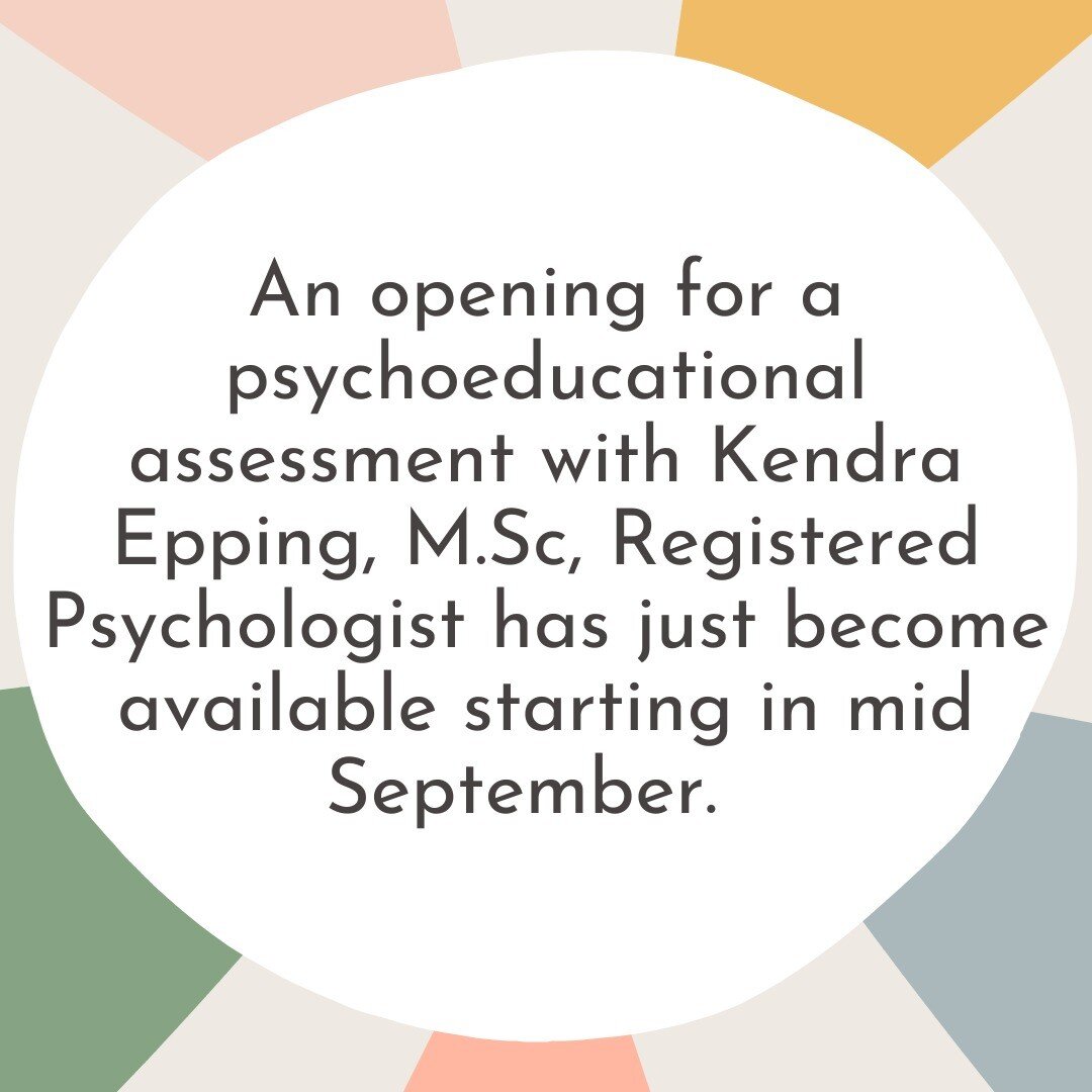 Kendra Epping, Westside Child Psychology's assessment specialist just had an opening become available for a full psycho-educational assessment commencing mid September. Her assessment reports are truly the most thorough in the field. Contact us for d