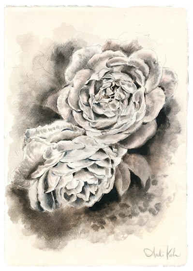 Black and white watercolor painting of two roses with detailed petals and leaves.