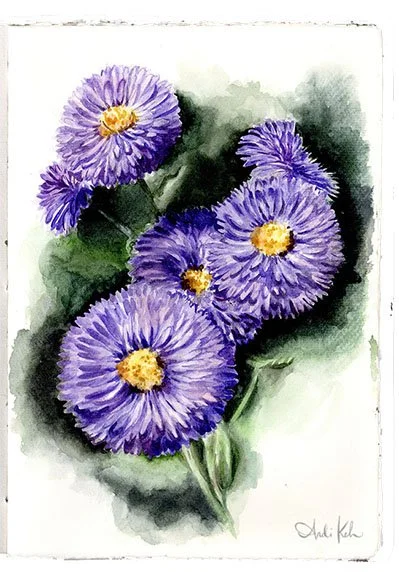 Watercolor painting of purple flowers with yellow centers and green leaves.