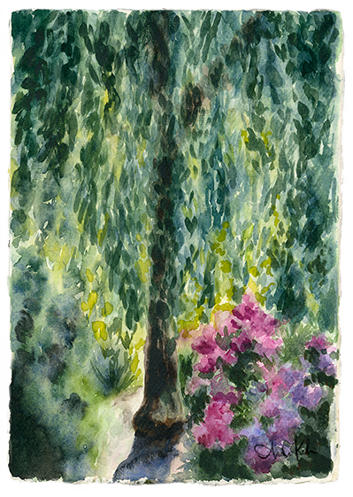 Watercolor painting of a tree with hanging leaves and pink flowers at the base.
