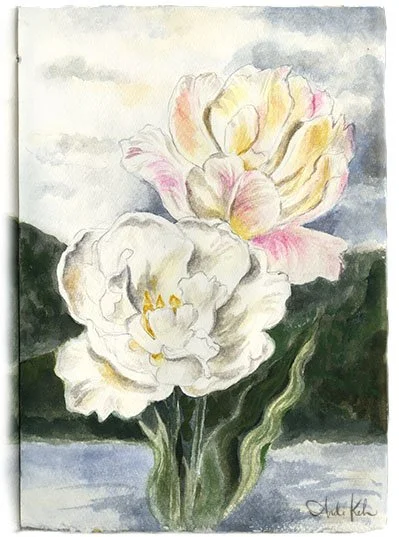 Watercolor painting of two blooming peonies with white, pink, and yellow petals against a muted background.