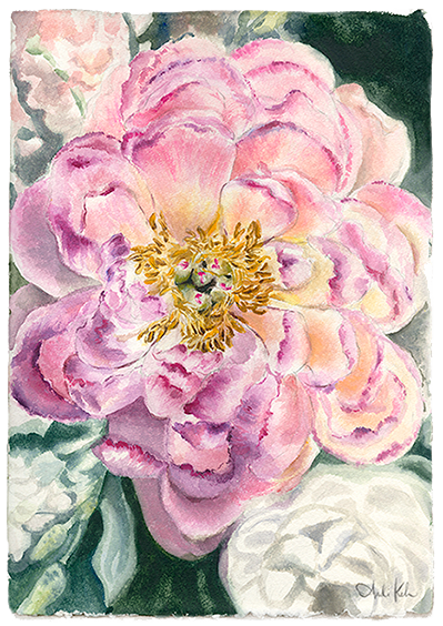 Watercolor painting of a large pink peony flower with yellow stamens and green leaves in the background.