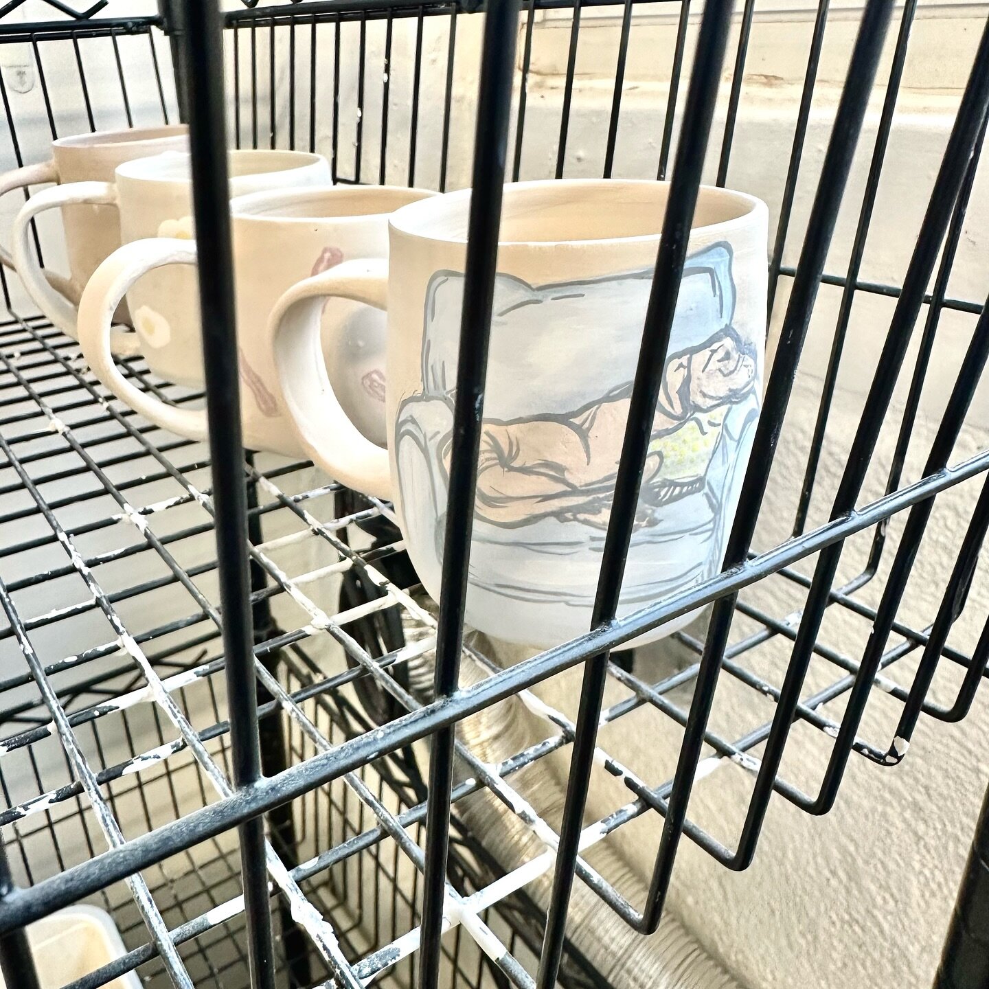 It&rsquo;s not doggie jail, it&rsquo;s just the kiln queue. 
I&rsquo;m super exited to be selling some of these mugs at the Heart Mart! If you don&rsquo;t know about it, check it out! @foundryartcentre 

#ceramicillustration #valentines #heartmart #h