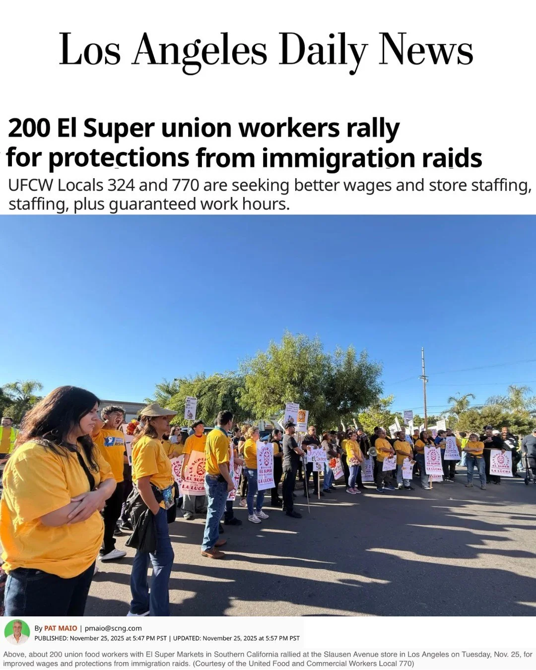 &quot;Araceli Ortiz, a cashier with El Super, told food workers Tuesday that more protections are needed in communities facing immigration raids by U.S. Immigration and Customs Enforcement.&quot;

UFCW Locals 324 and 770 are seeking better wages and 